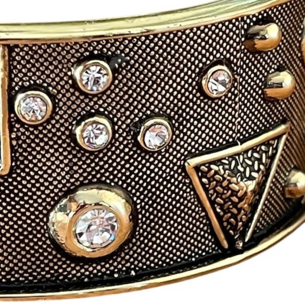 Gold Tone Cuff Rhinestone Geometric Pattern Spring Hinged Statement Bracelet - Picture 4 of 9
